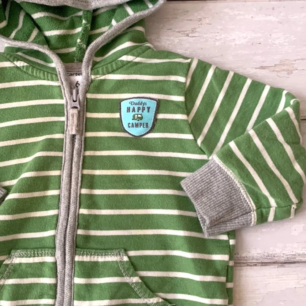 Carters 6m Zip Up Hoodie Jacket Baby Boy Green Gray Stripes Sweatshirt Jacket